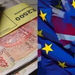 Pile of money and ragged EU and Union Jack flags