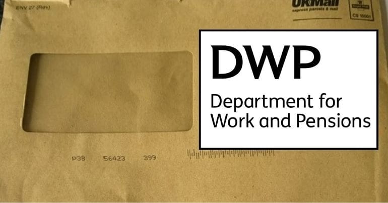 A ripped brow envelope representing benefits like PIP for terminally ill people and the DWP logo