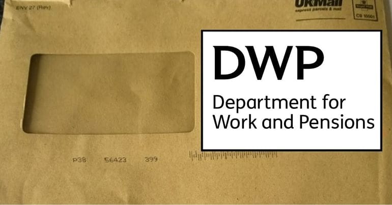 A ripped brown envelope and the DWP logo