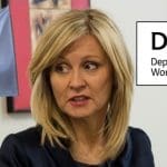 Esther McVey the Unite flag and the DWP logo