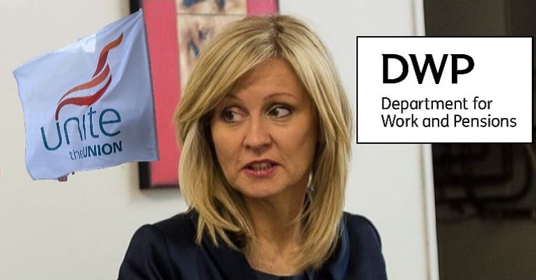 Esther McVey the Unite flag and the DWP logo