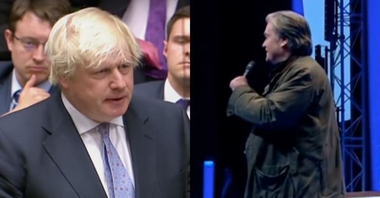 Boris Johnson's resignation speech (left) Steve Bannon speaking to 'National Front' (right)