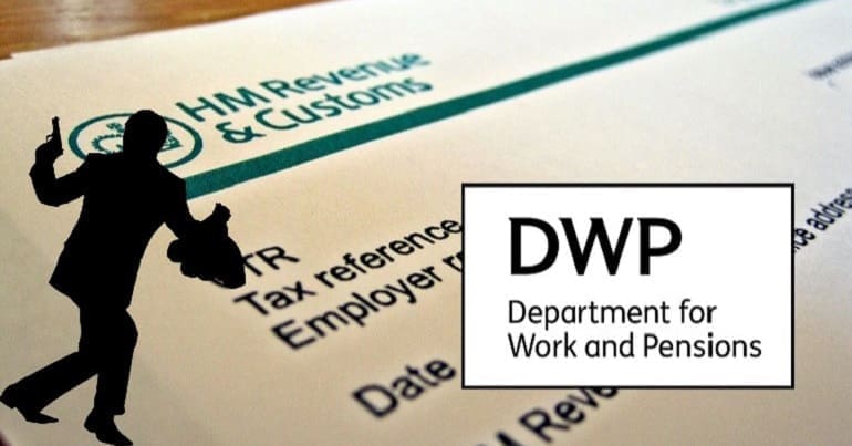 HMRC and DWP logos with a bank robber