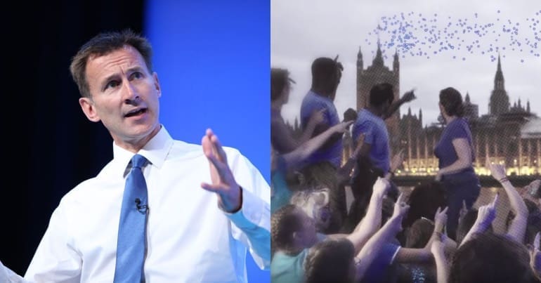 Jeremy Hunt and NHS workers opposite houses of parliament