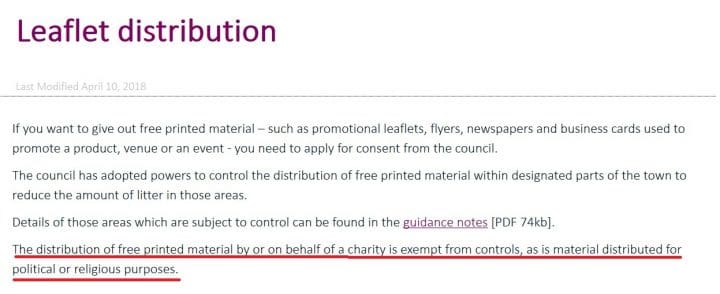 Rules on distributing leaflets in Blackpool