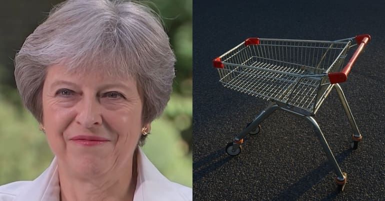 Theresa may and an empty shopping trolley
