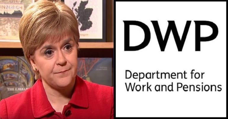 Nicola Sturgeon and the DWP logo