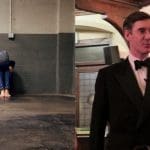 Woman in empty room with head on knees and Jacob Rees-Mogg wearing a tuxedo