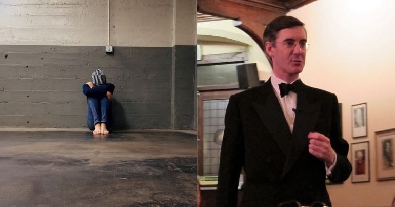Woman in empty room with head on knees and Jacob Rees-Mogg wearing a tuxedo