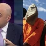 Sajid Javid (left) and Guantanamo Bay protesters dressed as inmates (right)