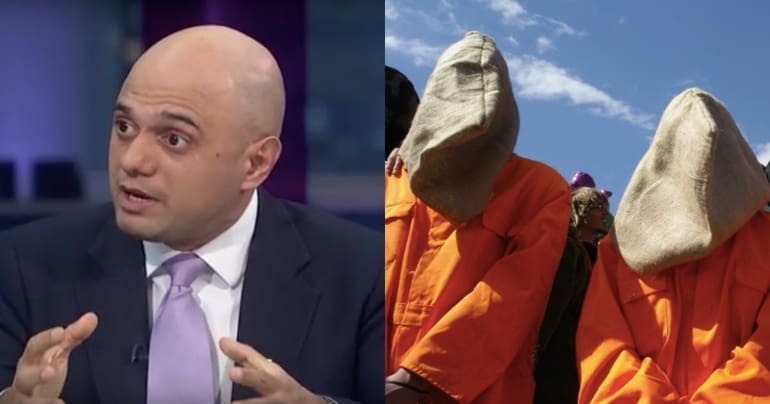 Sajid Javid (left) and Guantanamo Bay protesters dressed as inmates (right)