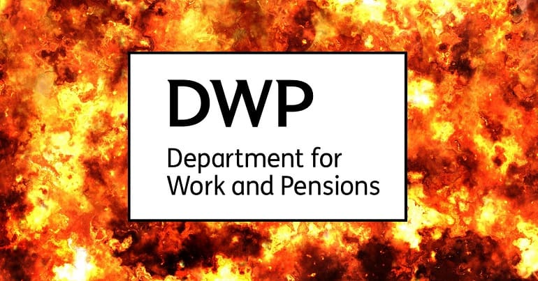 The DWP logo in a fireball