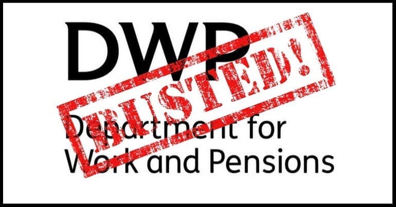The DWP logo with busted across it