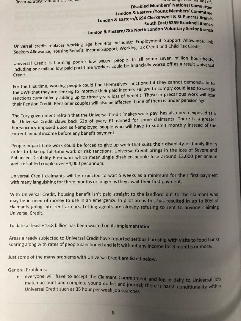 Universal Credit Unite motion page one