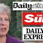 Theresa May besides logos for the Daily Mail, Sun, and Express