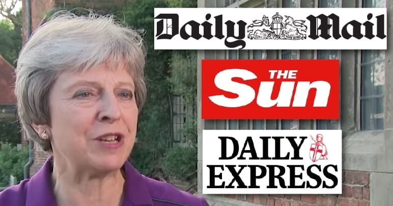 Theresa May besides logos for the Daily Mail, Sun, and Express