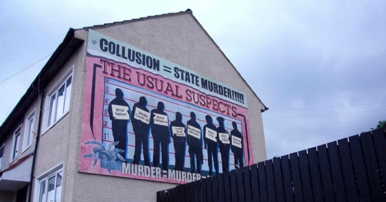Mural with names & ideas related to British state collusion in Northern Ireland