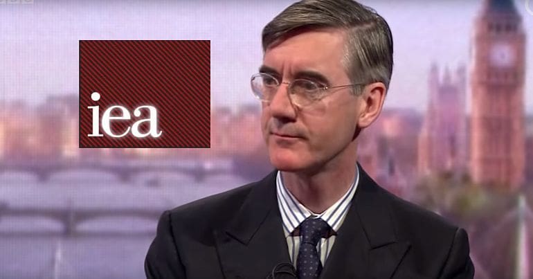 Jacob Rees-Mogg and the IEA logo