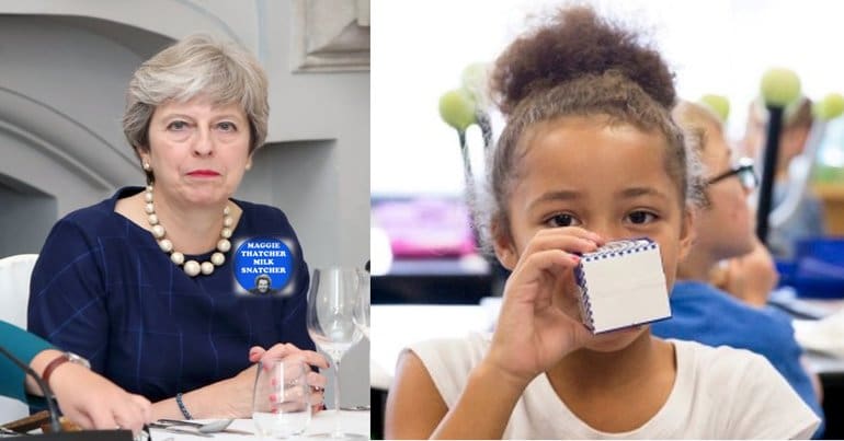 Theresa May and child drinking milk