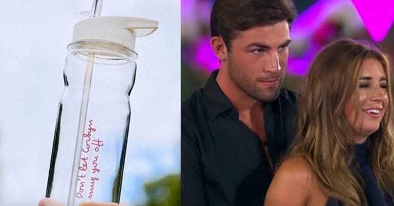 Split screen of the Tory Love Island bottle and the winning couple