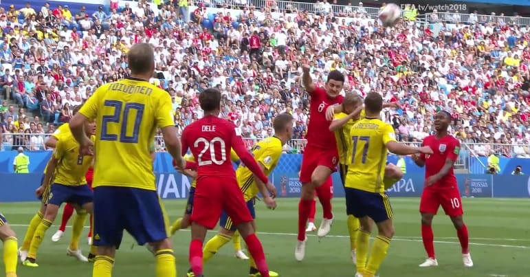 Harry Maguire heads England into the lead against Sweden at the World Cup 2018