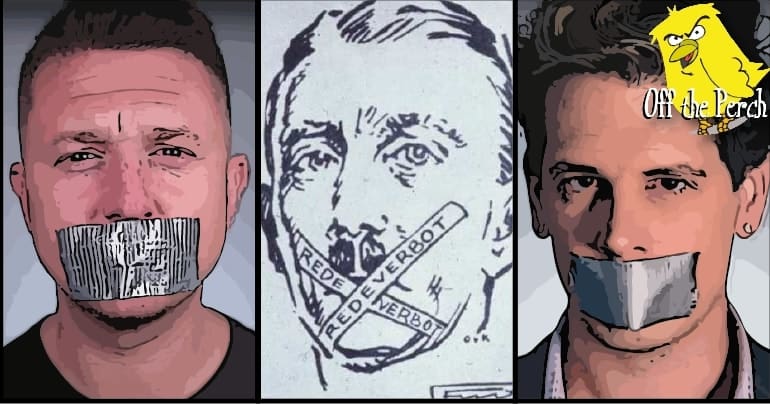 Tommy Robinson, Adolph Hitler, and Milo Yiannopoulos with tape over their mouths