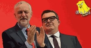 Jeremy Corbyn laughing with Tom Watson behind him
