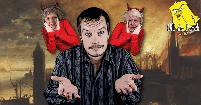Indecisive man with two devils over his shoulder. The devils are Theresa May and Boris Johnson