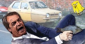 Nigel Farage in a James Bond pose holding a dead fish
