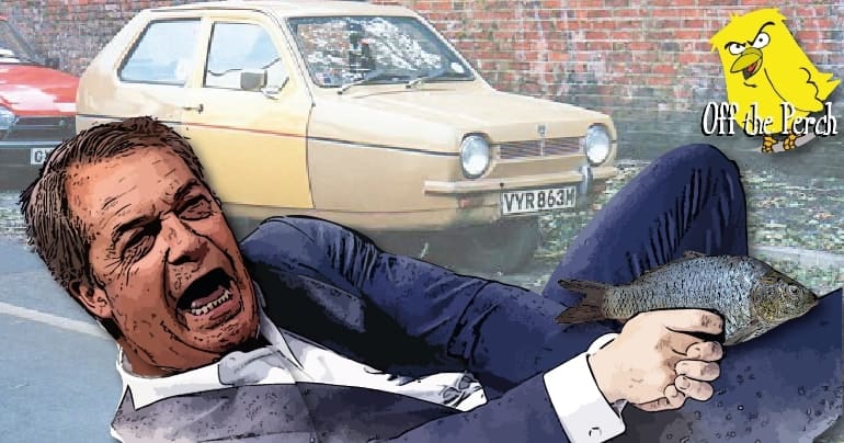Nigel Farage in a James Bond pose holding a dead fish
