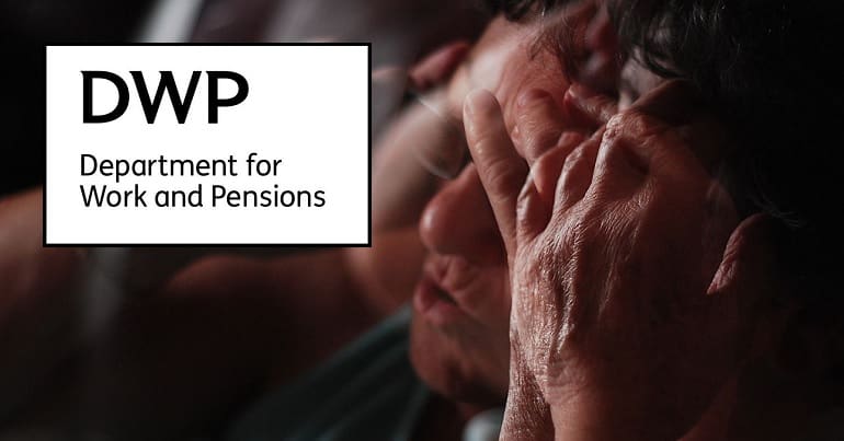 A worried man and the DWP logo