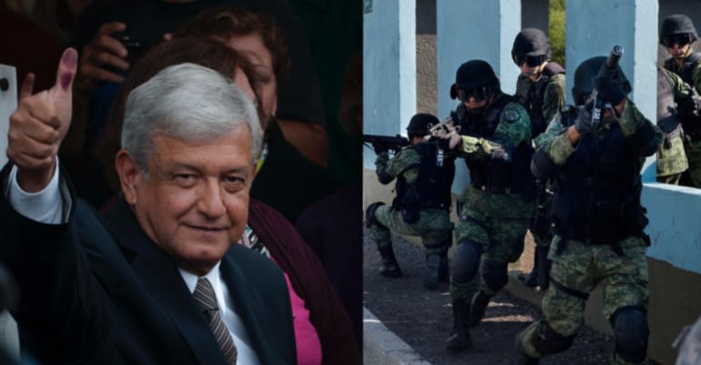 Mexican President AMLO and soldiers