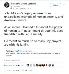 "Democratic Socialist" Ocasio-Cortez heaps praise on John McCain