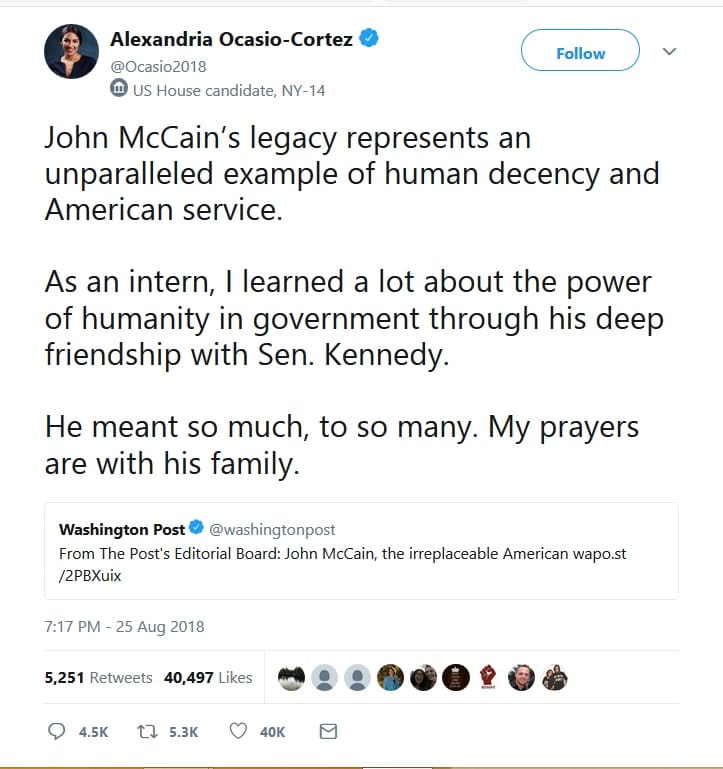 "Democratic Socialist" Ocasio-Cortez heaps praise on John McCain