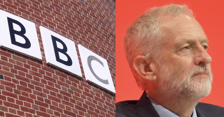 BBC sign and Jeremy Corbyn