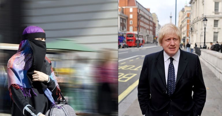 Woman waering burqa and Boris Johnson