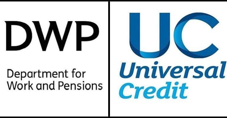 A split screen of the DWP and Universal Credit logos