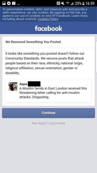 Post of a threatening letter towards Muslims lead to Facebook unpublishing Occupy London