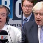 Nigel Farage on his LBC segment (left) Boris Johnson Resigning (Right)