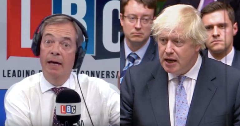 Nigel Farage on his LBC segment (left) Boris Johnson Resigning (Right)