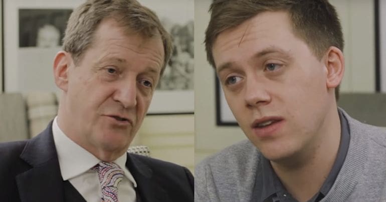 A split screen of Alastair Campbell and Owen Jones