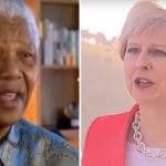 A split screen of Nelson Mandela and Theresa May