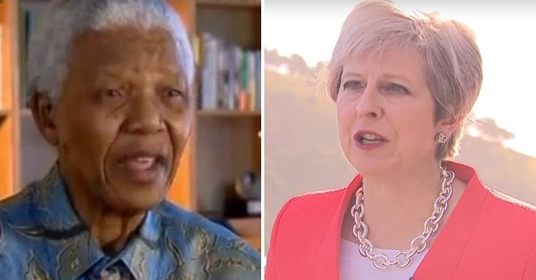 A split screen of Nelson Mandela and Theresa May