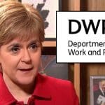Nicola Sturgeon with the DWP logo as a benefit change starts in Scotland