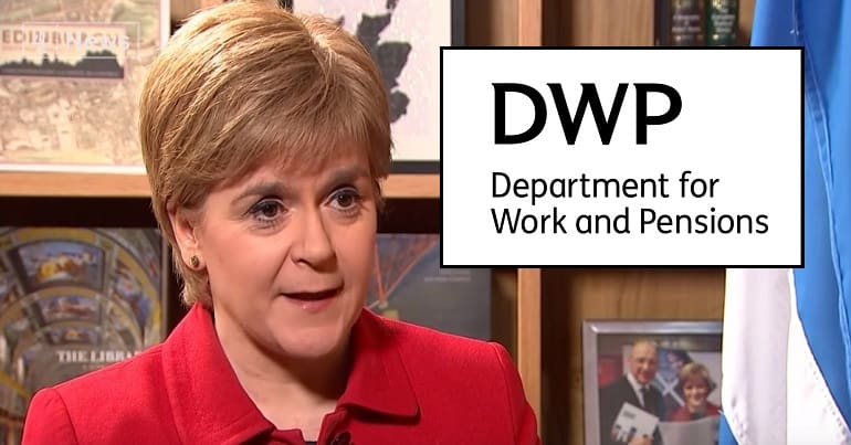 Nicola Sturgeon with the DWP logo as a benefit change starts in Scotland