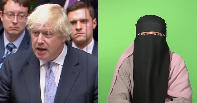 Boris Johnson resigning (left) Young British woman wearing burqa (right)