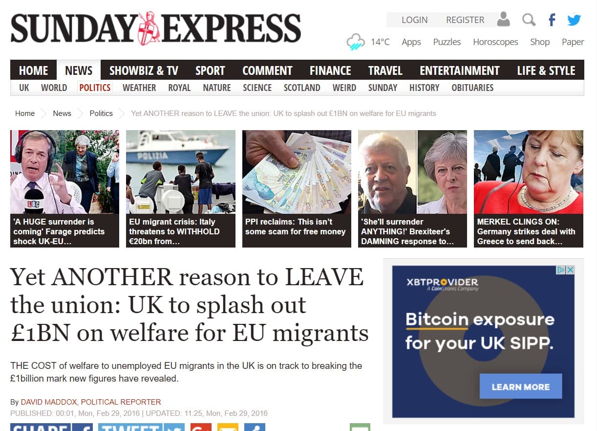Sunday Express EU migrants headline