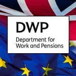 The DWP logo and the UK and EU flags