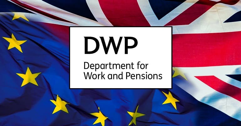 The DWP logo and the UK and EU flags
