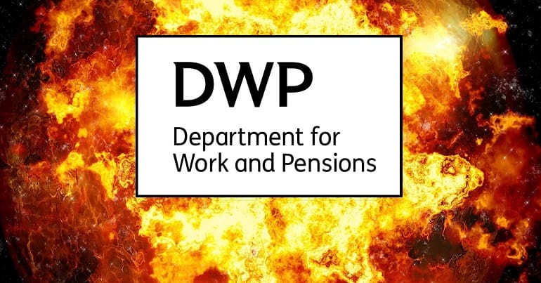 The DWP logo in front of an explosion
